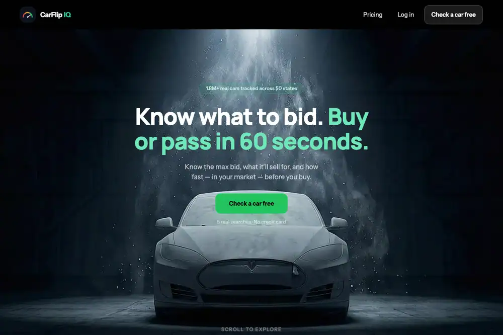 The current CarFlipIQ site, scrolling